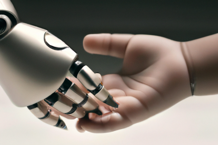Image of a child holding hands with a robot